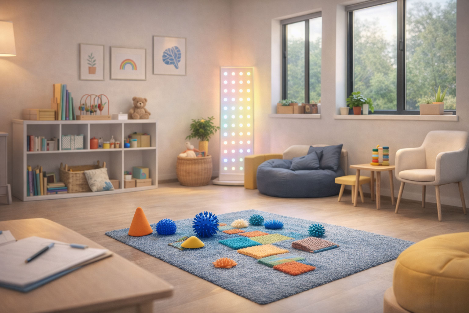 Sala de terapia infantil con materiales de estimulación